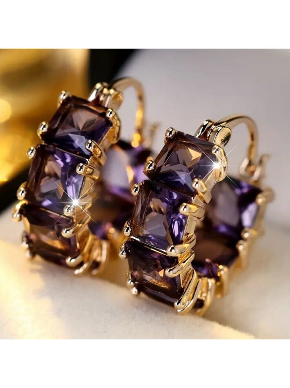 Gold Tone Huggie Earrings w/ Purple Princess Cut Stones and Tons of Bling #1493